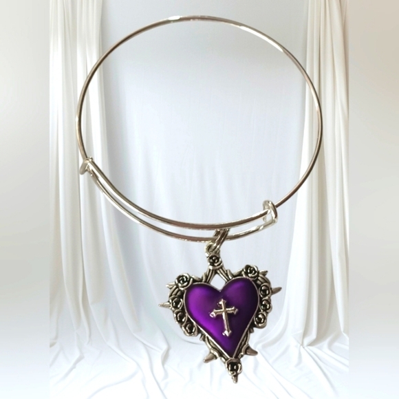 Metal Bangle Bracelet Gothic Purple Heart Cross - Picture 1 of 7